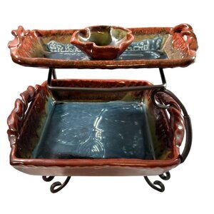 Ceramic 3-Tier Serving Set Stoneware Rustic Leaf Design Green, Blue, Brown
